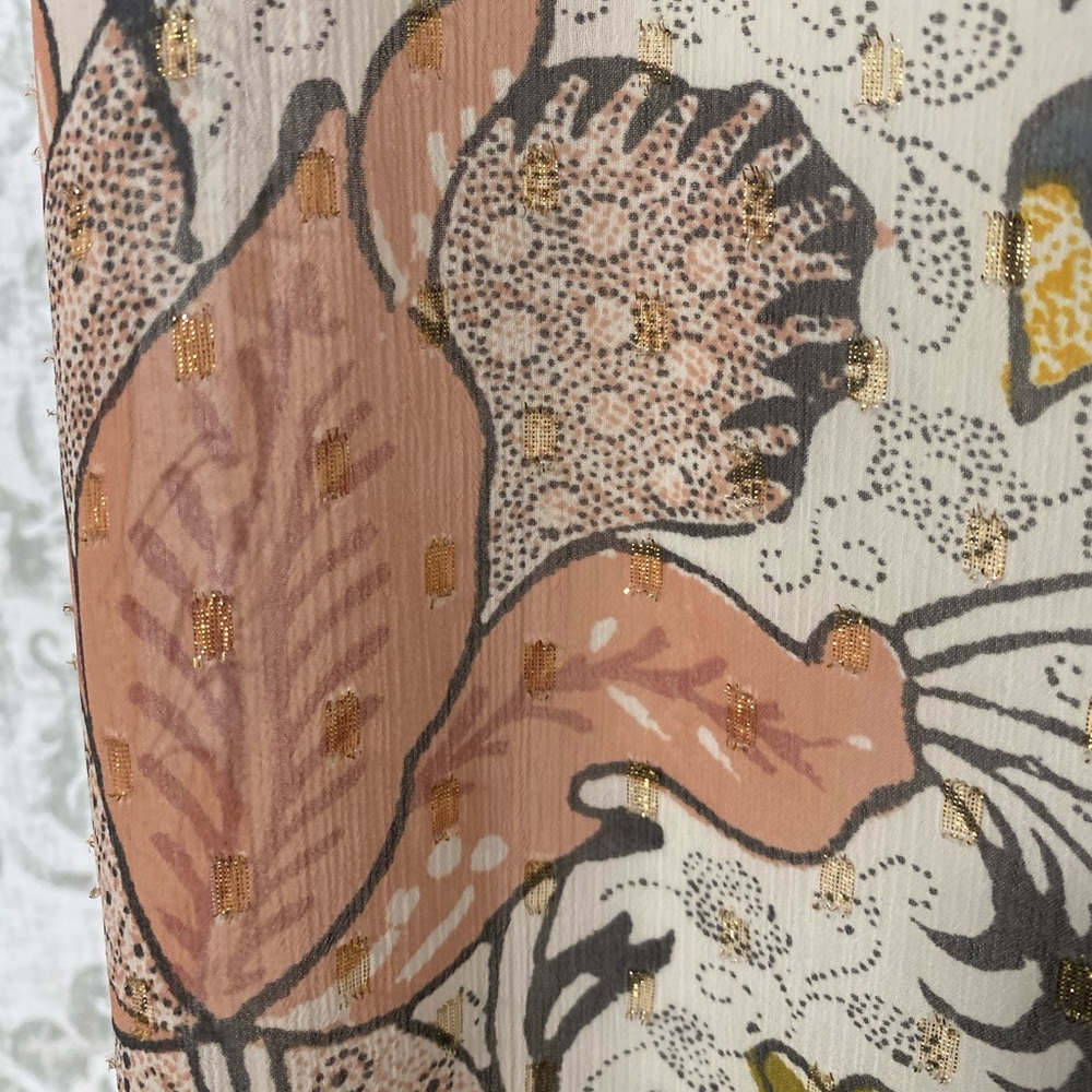 LOFT Flutter Flounce Shimmer Gold Swiss Dot Boho Feminine Floral Dress Pastel L - Picture 9 of 12